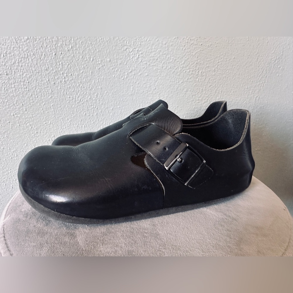 Birkenstock Matte Black Leather Slip-On Clog with Buckle